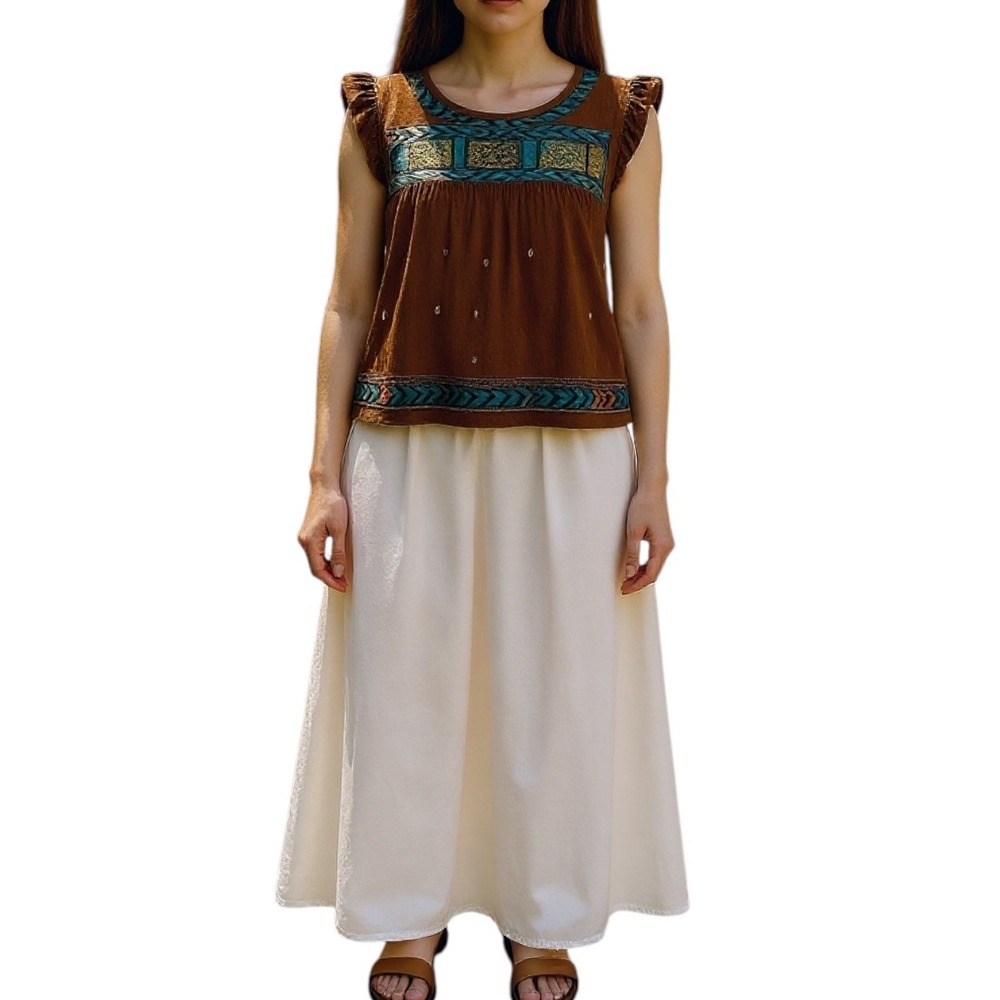 En Creme Embroidered Peasant Top Ruffle Sleeve‎ Bohemian Festival Brown Small